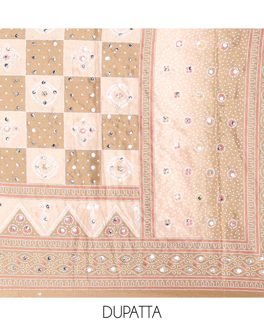 Gold bhandani print, stone,mirror work crepe chudidhar  material top with american crepe pant & chinnon material bhandani print, mirror work dupatta