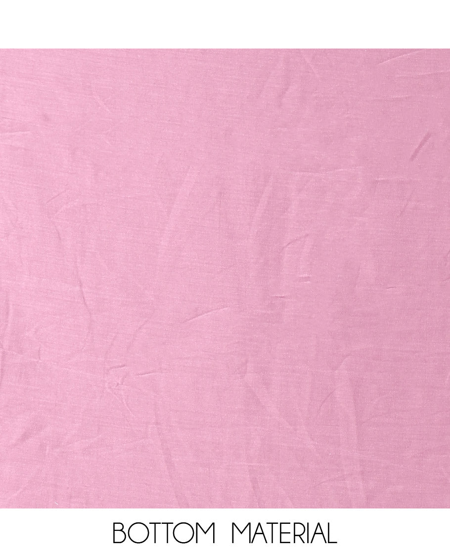 Pink Material Chudidar Set Adorned with Embroidered Organza Chiffon Top, Subtly Made Plain Santoon Bottom, and a Organza  Dupatta Featuring Floral Jaal Embroidery