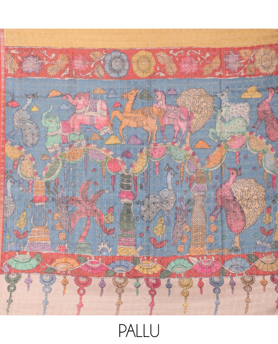 Sandal Fancy Tussar Silk Saree, Subtly Sparkled with Checked Design, Contrast Zari Piping Border, Pallu of Kalamkari Animal Motifs, and Contrast Kalamkari Printed Blouse