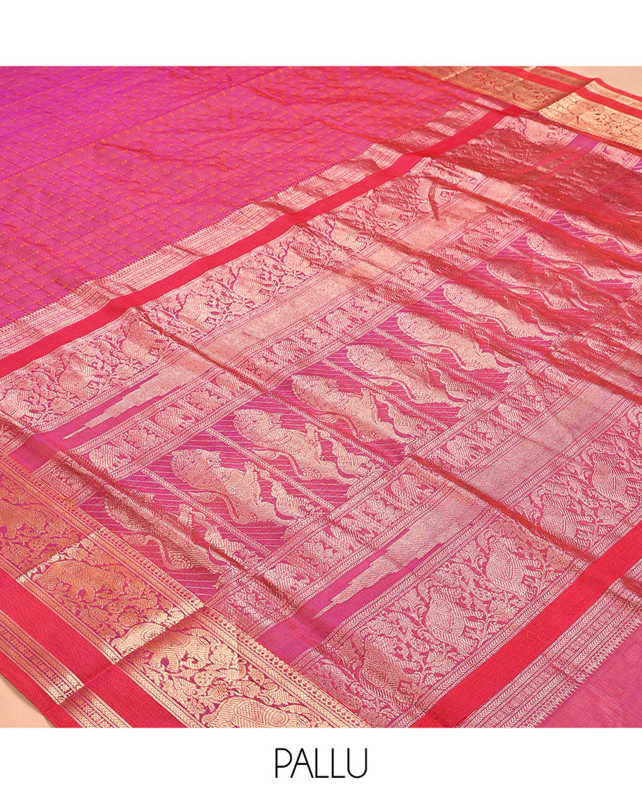Pink Kuppadam Silk Saree, Embellished with Checks, a Contrast Peacock-Elephant Zari Border, Pallu of Lion Designs, and a Matching Blouse