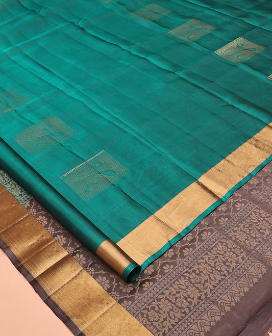 Green Mayuri Soft Silk Saree, Embellished with Buttas All Over the Body, Highlighted by a Zari  Bavanji Border, Contrast Intricately Designed Pallu, and Paired with a Contrast Blouse