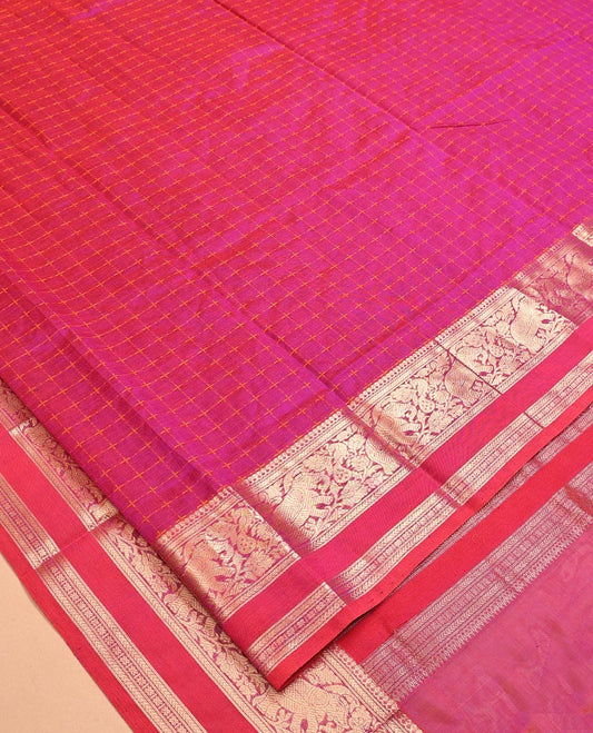 Pink Kuppadam Silk Saree, Embellished with Checks, a Contrast Peacock-Elephant Zari Border, Pallu of Lion Designs, and a Matching Blouse