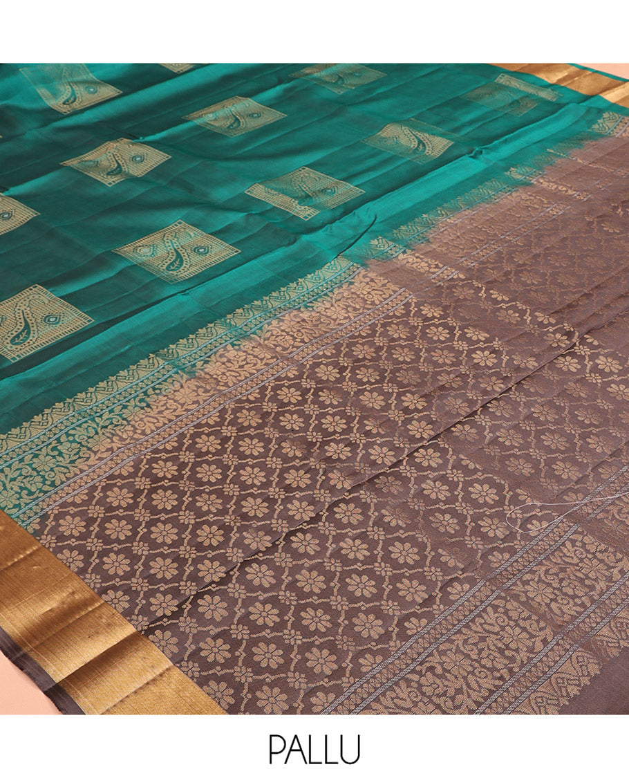 Green Mayuri Soft Silk Saree, Embellished with Buttas All Over the Body, Highlighted by a Zari  Bavanji Border, Contrast Intricately Designed Pallu, and Paired with a Contrast Blouse