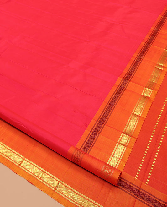 Red Kanchipuram Silk Saree, Complemented by a Contrast One-Sided Rettai Pettu Border of Banaras, and Mayil Kann Designs, Zari Woven Pallu, and a No Blouse
