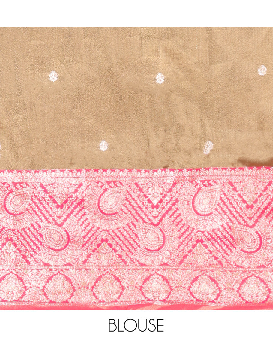 Gold-Rani Pink Banarasi Silk Half-Saree Features Buttas Skirt, Contrast Intricate Border, Matching Blouse, and Embroidery Syska Georgette Dhavani