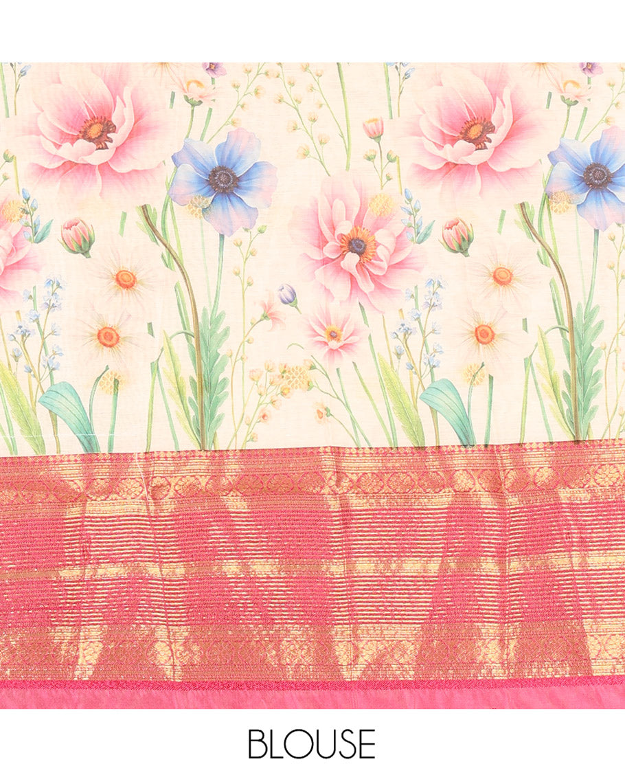 Cream-Rani Pink Semi-Silk Half-Saree Features Floral-Printed Skirt, a Contrast Traditional Border, a Matching Blouse, a Floral Dhavani