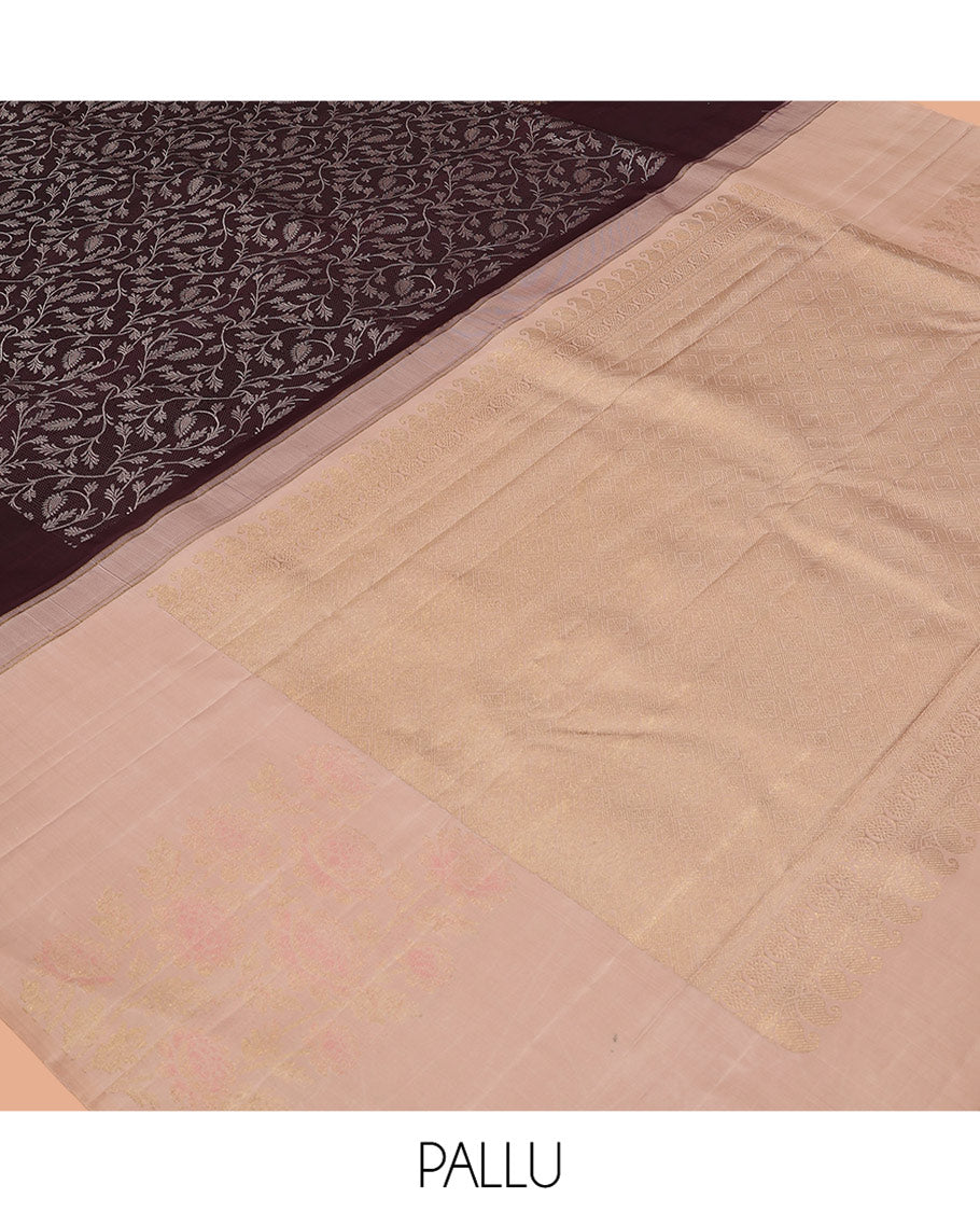 Brown Parampara Silk Saree, Featuring Floral Jaal Jacquard Design, a Zari Border of Floral Designs, Contrast Jaal Pallu, and a Contrast Blouse