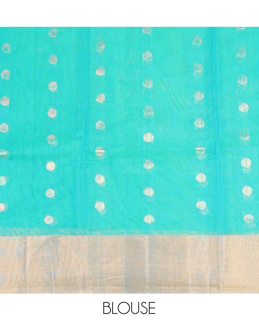 Sea Green Silk Cotton Saree, Adorned with Zari Buttas, Contrast Border, Gleaming Zari Pallu, and a Matching Blouse