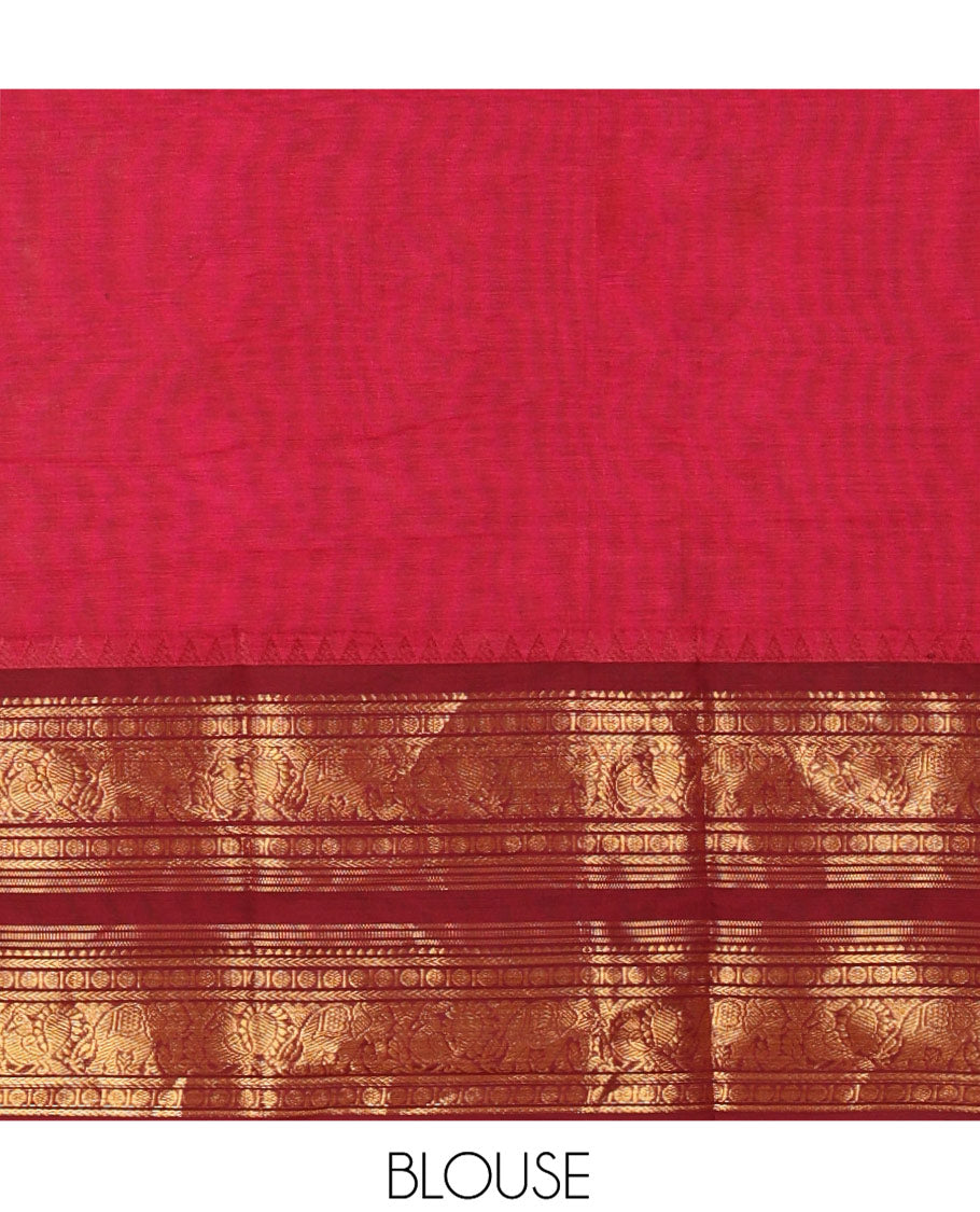 Rani Pink with Magenta Chettinad Cotton Half-Saree Featuring Plain Skirt, Complemented by Contrast Rettai Pettu Traditional Border of Peacock and Elephant Designs, Paired with a Matching Blouse, and a Satin Georgette Zari Bordered Dhavani