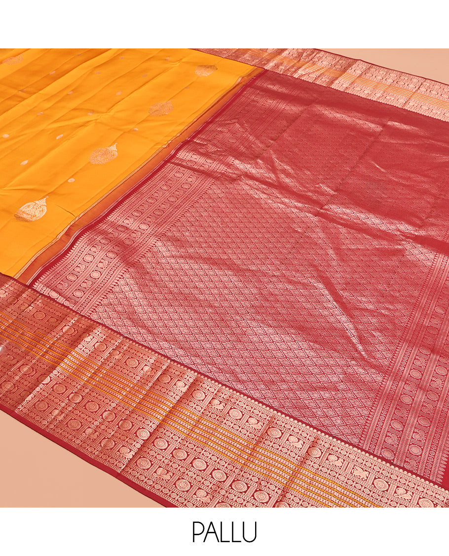 Yellow Vasundhara Silk Saree, Finely Crafted with Zari Buttas, Contrast Border of Thilakam Mokku, Muthu, Mayil, Chakram, Neli, and Kuthirai Designs, Jaal Pallu, and a Contrast Blouse
