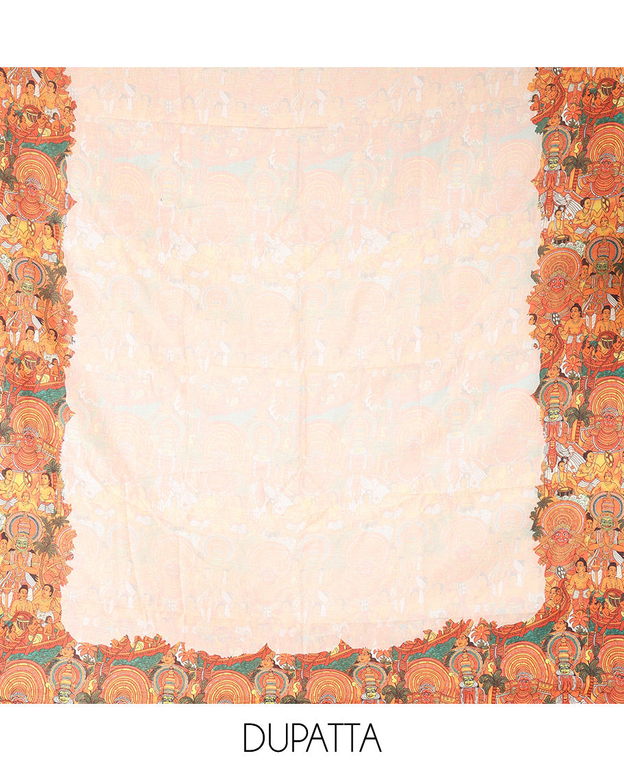 Cream Semi-Silk Material Chudidar, Kathakali Motifs Printed Top, Santoon Bottom, and Printed Dupatta