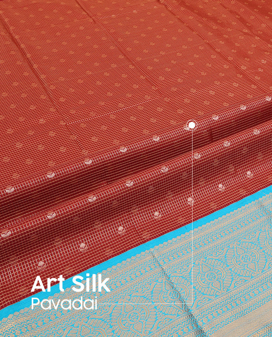 Maroon Art Silk Pavadai Material Set, Detailed with Zari Buttas and Zari Checks All Over Its Skirt, Highlighted with a Contrast Traditional Zari Design Border, and Paired with a Contrast Blouse
