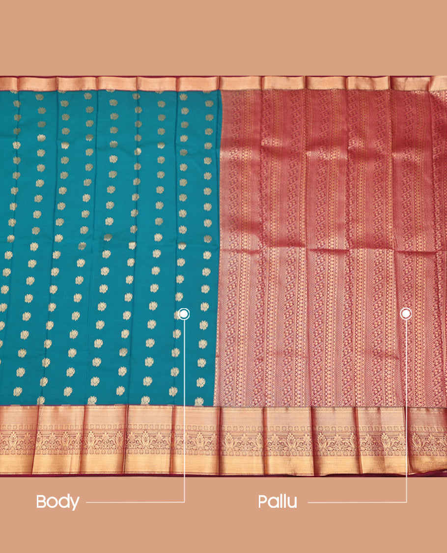 Blue Budget Silk Saree, Accentuated with Zari Buttas, Complemented by a Contrast Traditional Zari Border, Geometric Pallu, and a Contrast Blouse