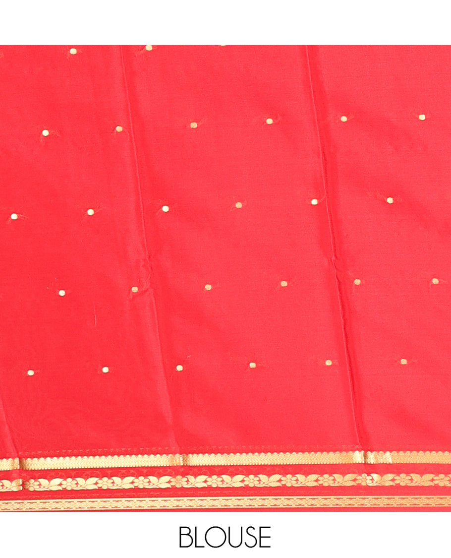 White Mysore Silk Saree, Subtly Woven with Buttas, Complemented by a Contrast Traditional Zari Border, Zari Design Pallu, and a Contrast Blouse