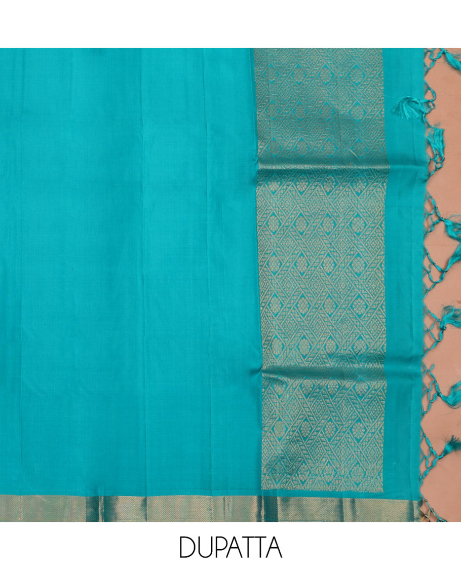 Purple Pure Silk Half-Saree, Masterfully Woven with Mayil-Chakram Buttas and Micro-Checks on Its Skirt, Complemented by a Contrast Border of Rekku, Chakram, and Yaanai Designs, Comes with a Contrast Blouse and a Dhavani of Intricate Designs