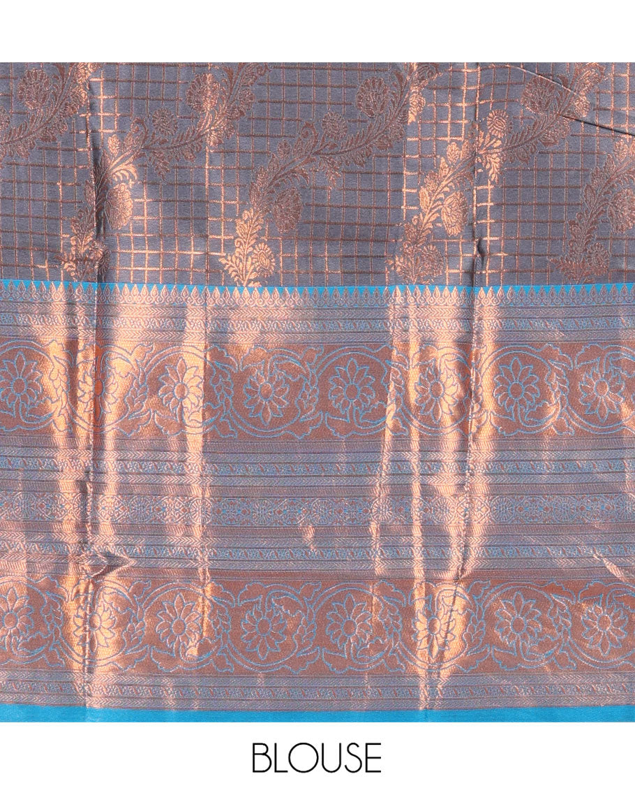 Grey-Firozi Blue Semi-Banarasi Half-Saree Features Jacquard Skirt, Contrast Traditional Border, Matching Blouse, and Syska Georgette Dhavani