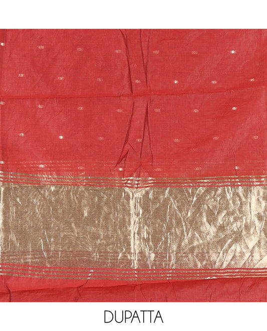 Red Banarasi Chanderi Material Churidar Features Zari Buttas Top, a Plain Bottom, and a Matching Dupatta