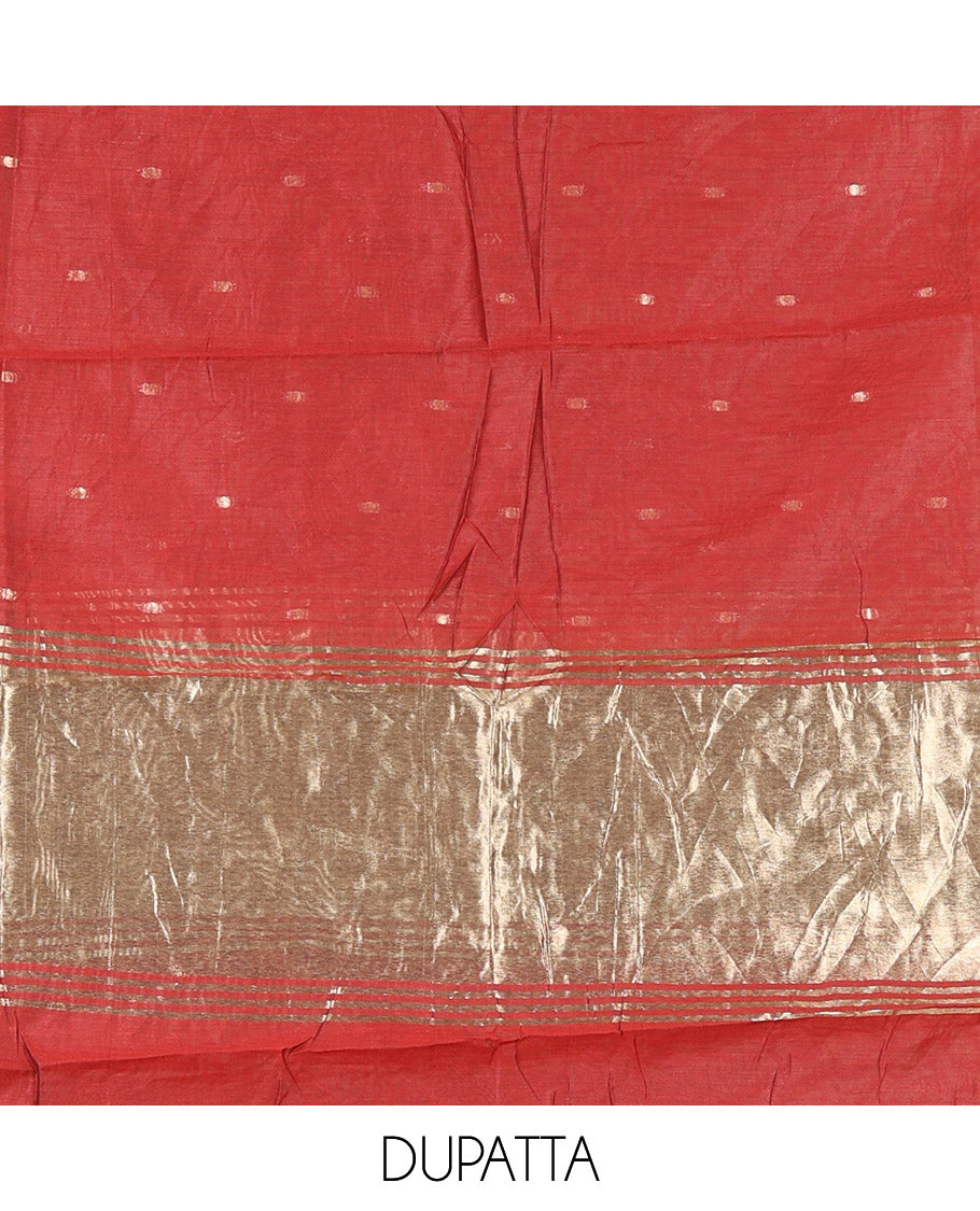 Red Banarasi Chanderi Material Churidar Features Zari Buttas Top, a Plain Bottom, and a Matching Dupatta