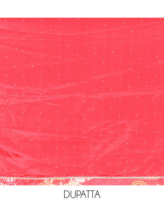 Tomato Pink Material Chudidar Set Decked Up with Floral-Geometric Printed with Neck Embroidered Chinon Top, Subtly Made Plain Santoon Bottom, and a Chinon Dupatta Featuring Printed Border, and Glitter Dots