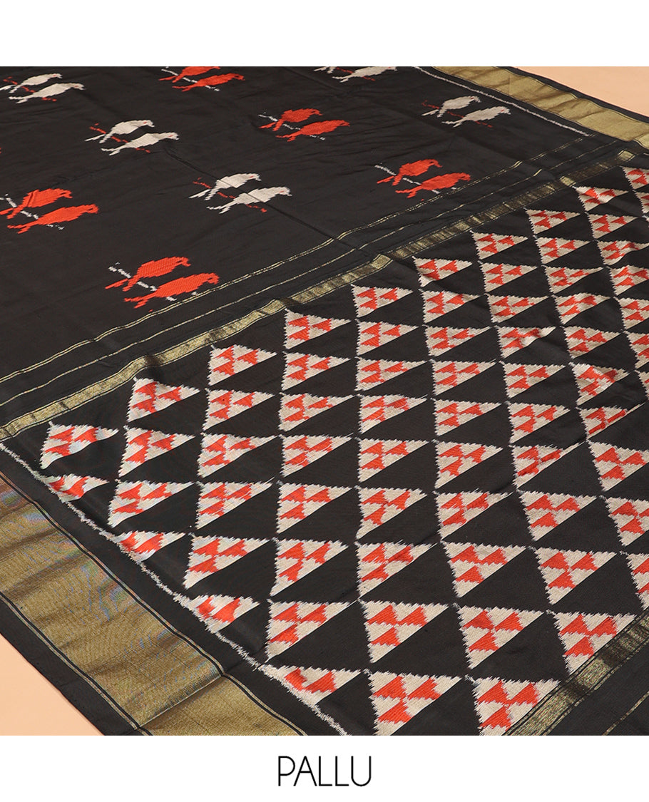 Black Pochampally Ikat Saree, Detailed with Bird Motifs, Zari Border, Triangle Motifs Pallu, and a Matching Blouse