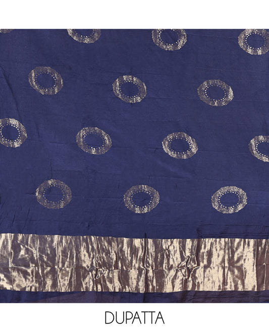 Blue Mul Chanderi Material Chudidar Set, Subtly Sparkled with Buttas Top, a Matching Bottom, and a Circle Motif Woven Dupatta