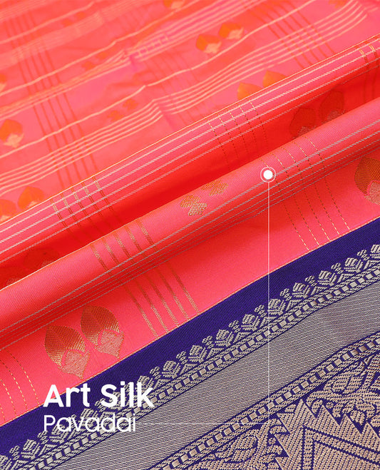 Red art silk pavadai material set, contrast blouse & border of traditional zari designs