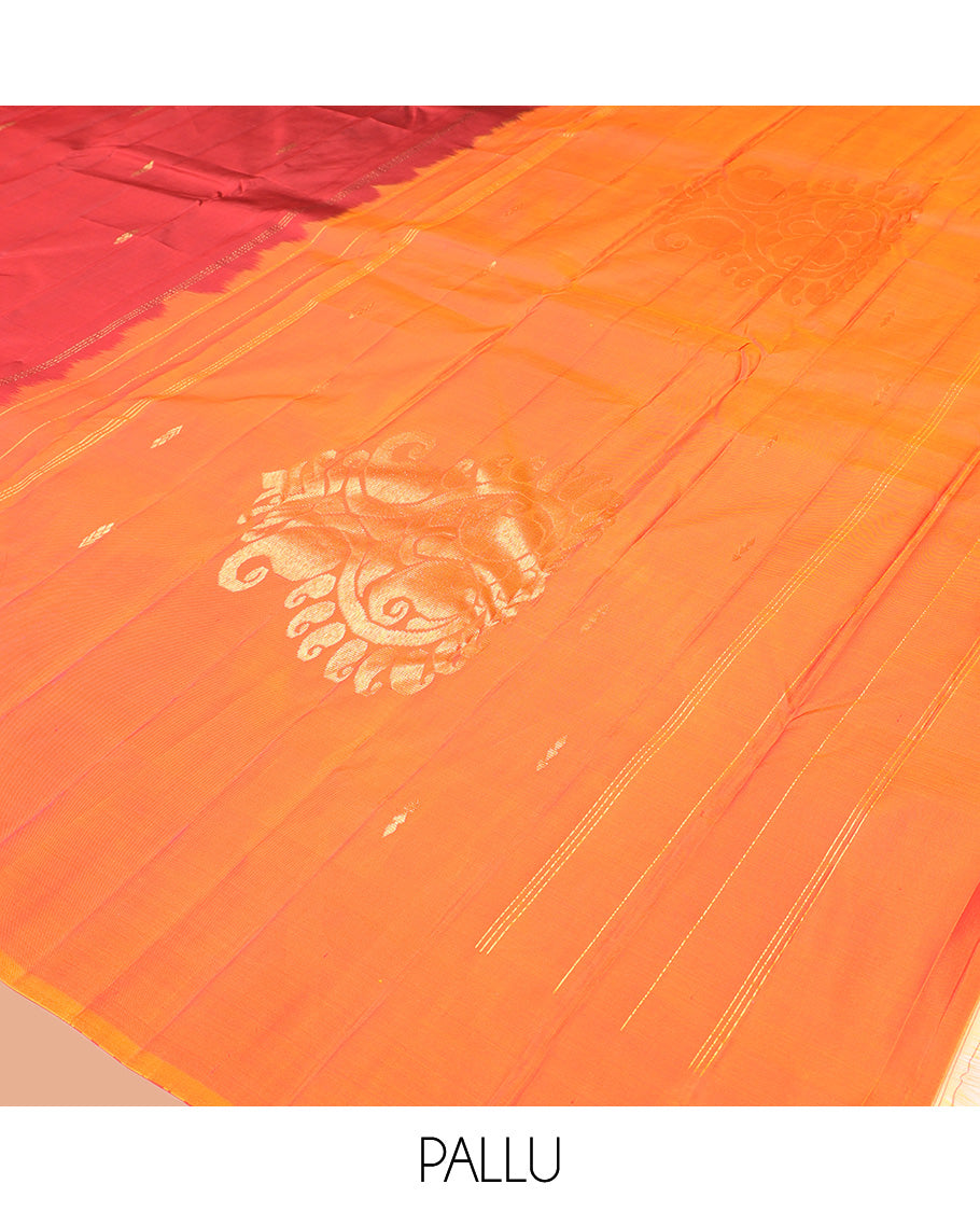 Maroon Kanchipuram Silk Saree, Highlighted with Zari Buttas, Complemented by a Contrast Floral Butta Border, Zari Design Pallu, and a Contrast Blouse