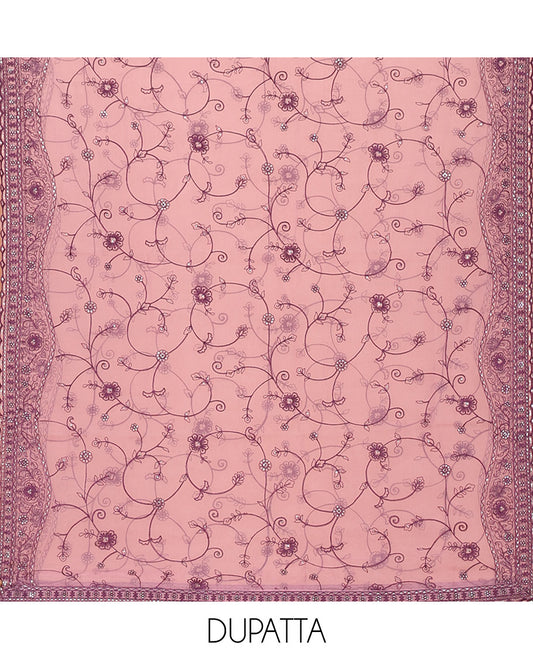 Pink Material Chudidar Set Adorned with Embroidered Organza Chiffon Top, Subtly Made Plain Santoon Bottom, and a Organza  Dupatta Featuring Floral Jaal Embroidery