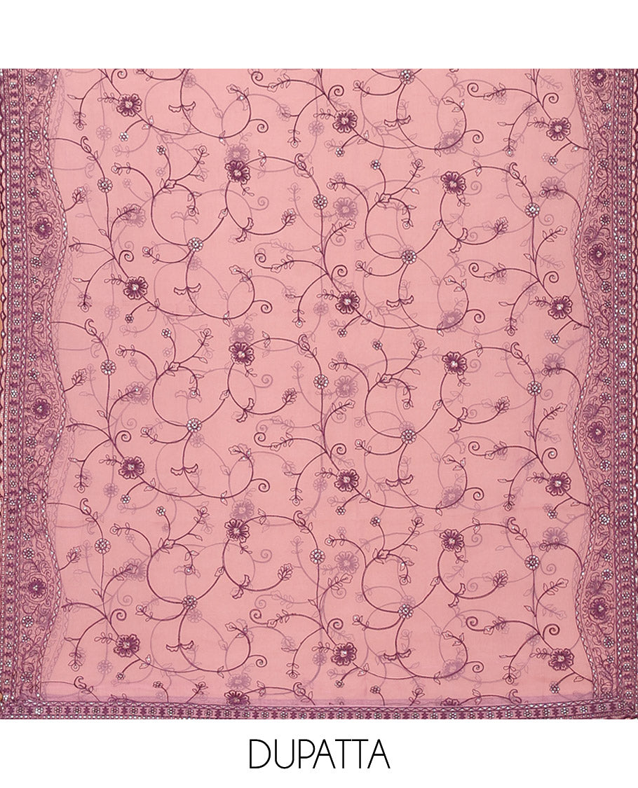 Pink Material Chudidar Set Adorned with Embroidered Organza Chiffon Top, Subtly Made Plain Santoon Bottom, and a Organza  Dupatta Featuring Floral Jaal Embroidery