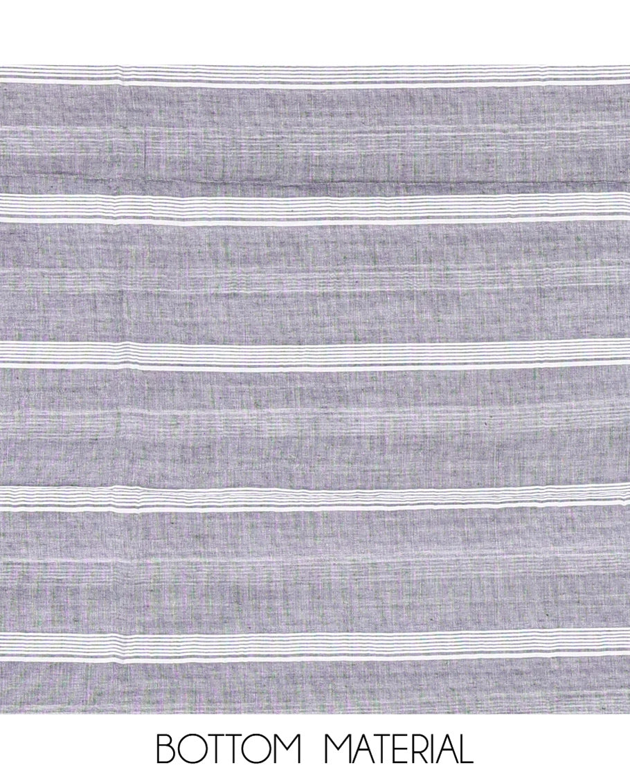 Grey Mul Cotton Material Chudidar Features Jamdani-Style Top, Striped Bottom, a Jamdani Dupatta