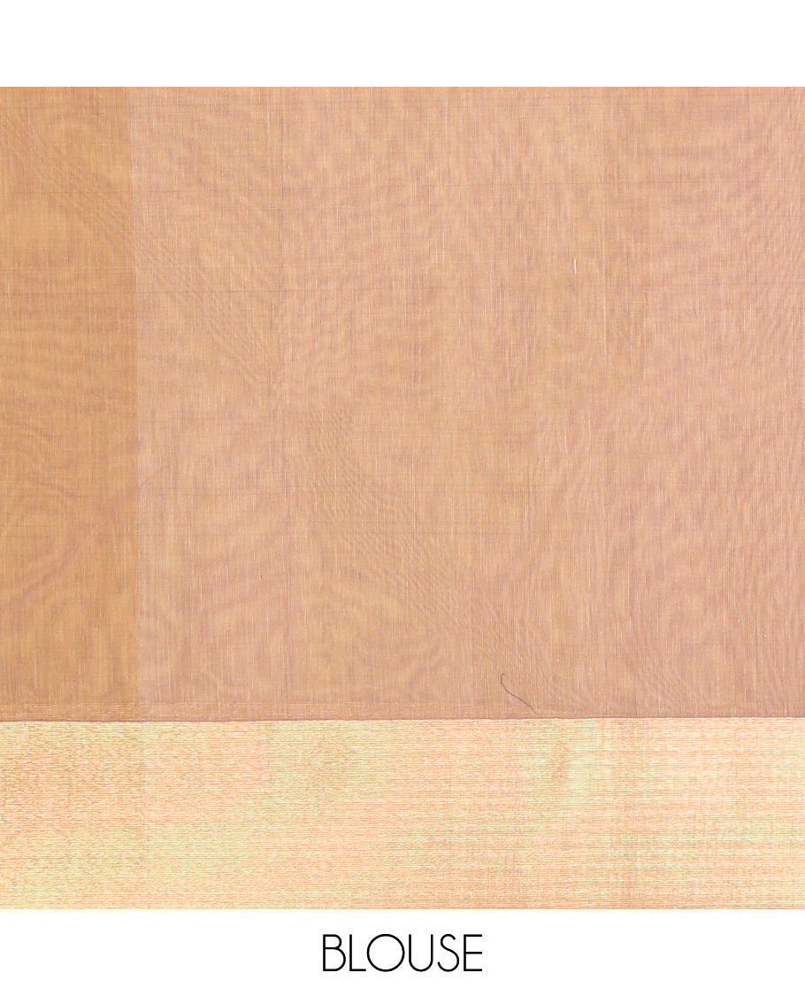 Sandal Silk Cotton Saree, Highlighted by Round Buttas All Over Its Body, Complemented by Contrast Border, Sparsely Woven Pallu, and Paired with a Contrast Blouse