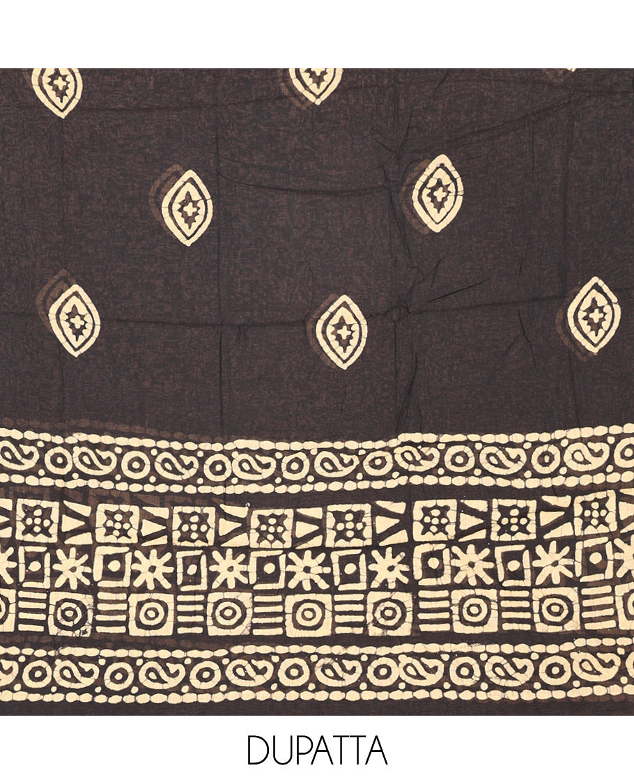 Blue Material Chudidar Set Elevated with Kantha Embroidery, Batik Print, and Mirror Work on the Cotton Top, Comes with a Batik Geometric Patterns Printed Bottom, and a Cotton Batik Geometric Printed Dupatta
