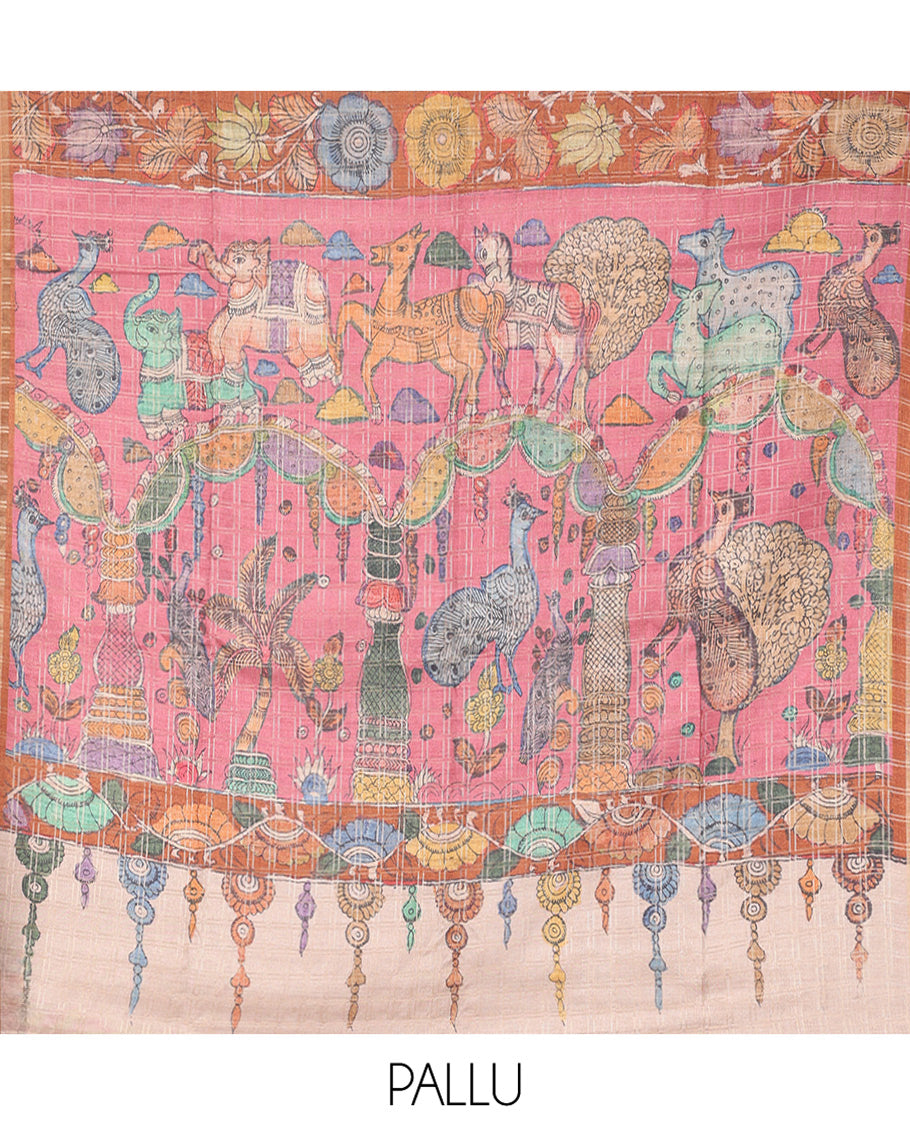 Green Checked Fancy Tussar Saree, Complemented by a Contrast Border, Kalamkari Flora-Fauna Printed Pallu, and a Contrast Blouse