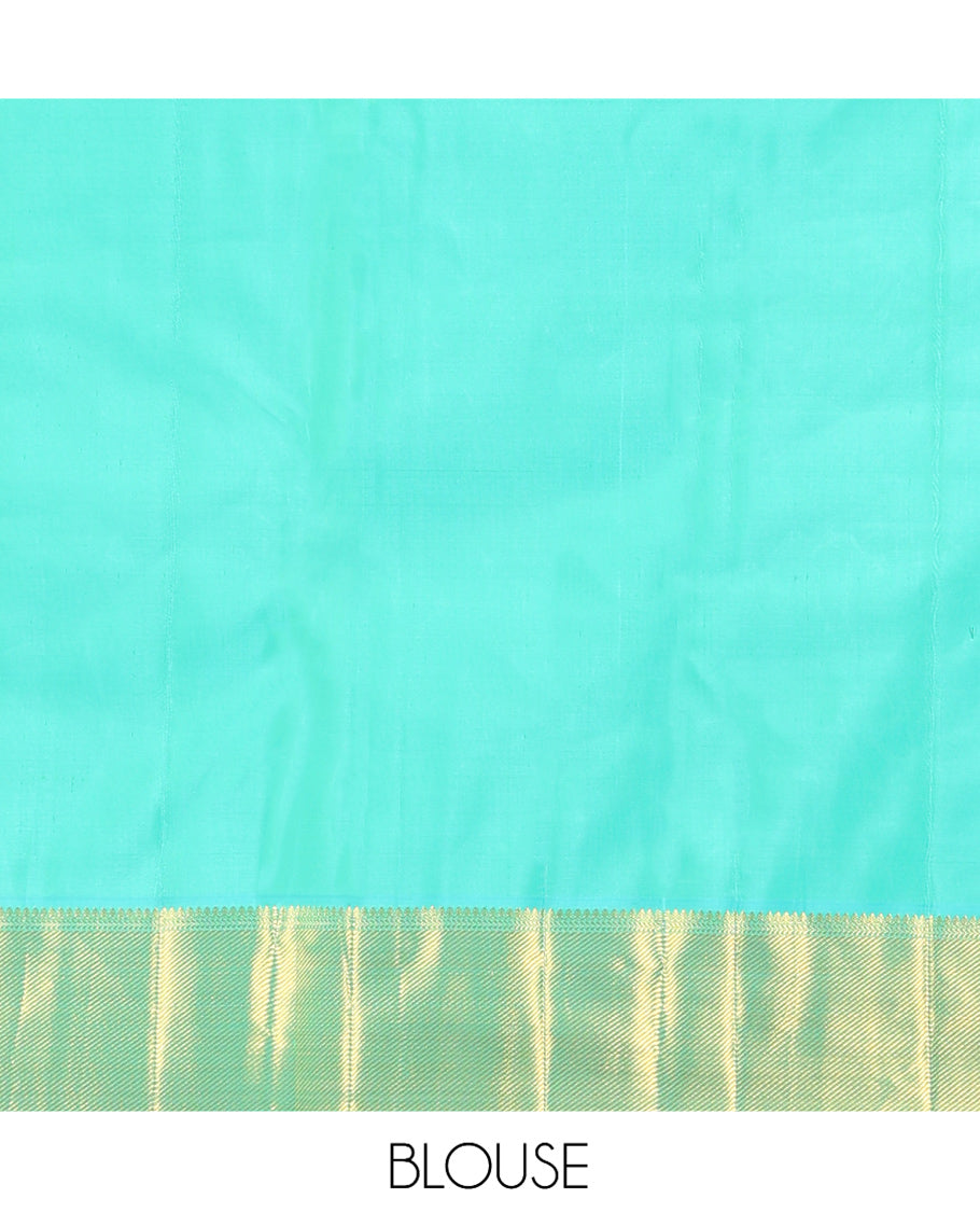 Turquoise Kanchipuram Silk Saree, Detailed with Zari Checks, and Mayil Buttas, a Zari Border of Thilakam Mokku, Kathir, and Zari Stripes, Zari Striped Pallu, and a Matching Blouse
