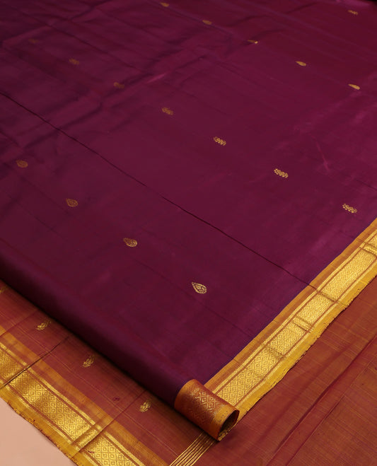 Maroon Kanchipuram Silk Saree, Woven with Zari Buttas, a Contrast One-sided Border of Banaras, and Mayil Kann Design, Zari Woven Pallu, and No Blouse