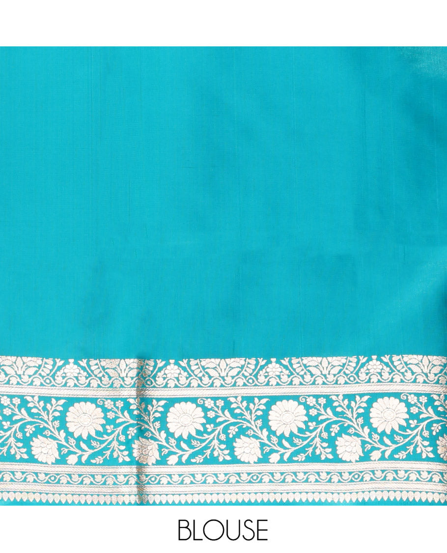 Violet Semi-Banaras Saree, Detailed with Buttas on Its Body, Complemented by a Contrast Floral Creeper Design Border, Intricately Designed Pallu, and Paired with a Contrast Blouse