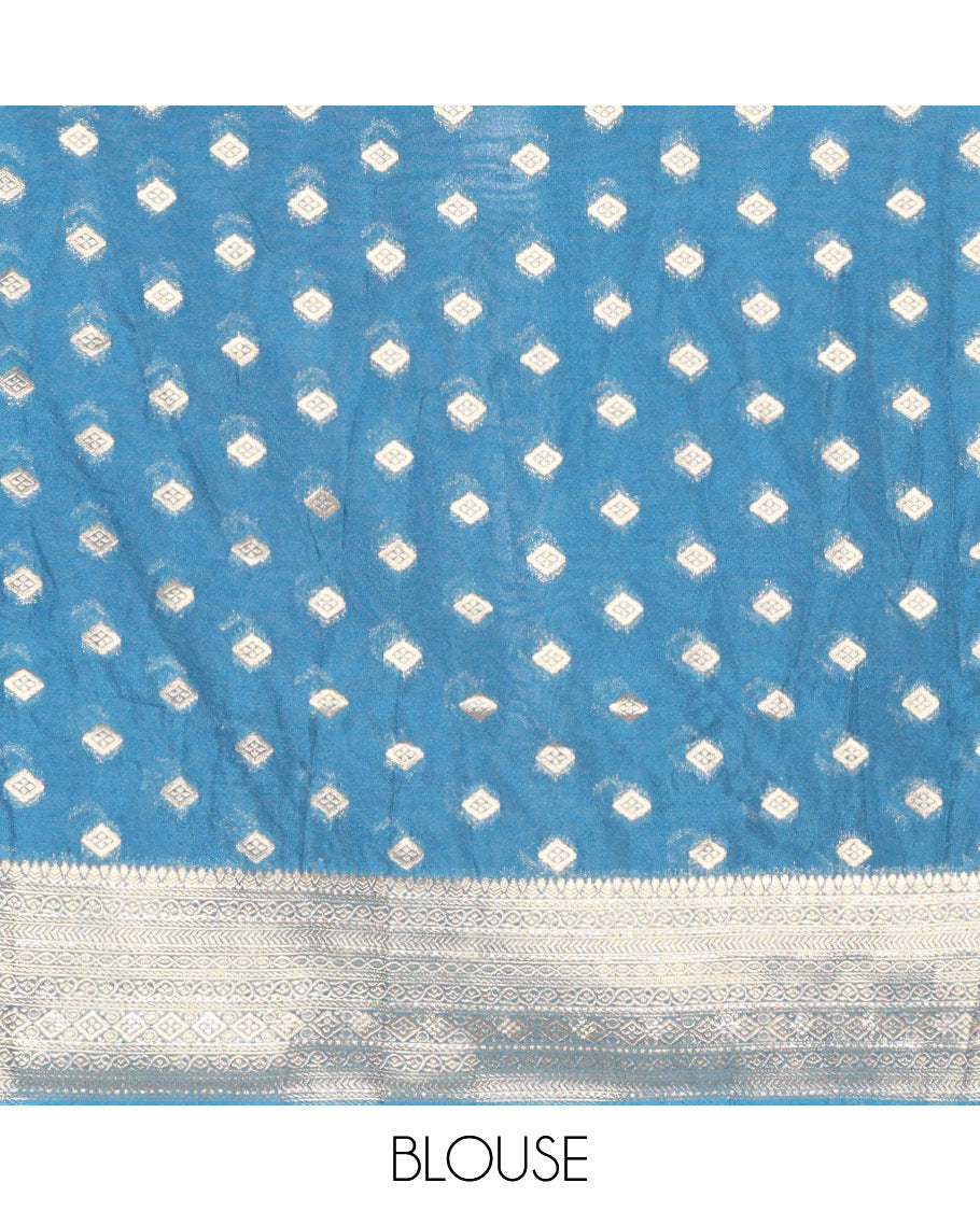 Parrot Green Buttas Embroidered Half-Saree with Contrast Traditional Motifs, Embroidered Viscose Georgette Border, Contrast Blouse, Intricately Embroidered Syska Georgette Dhavani, and a Embroidered Belt