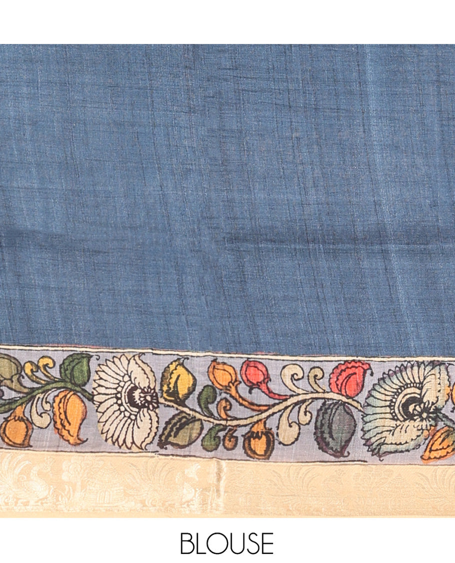 Brown Kalamkari Saree, Embellished with Floral Vine Print, Complemented by Contrast Zari Border, Pallu of Lord Krishna Print, and a Contrast Blouse