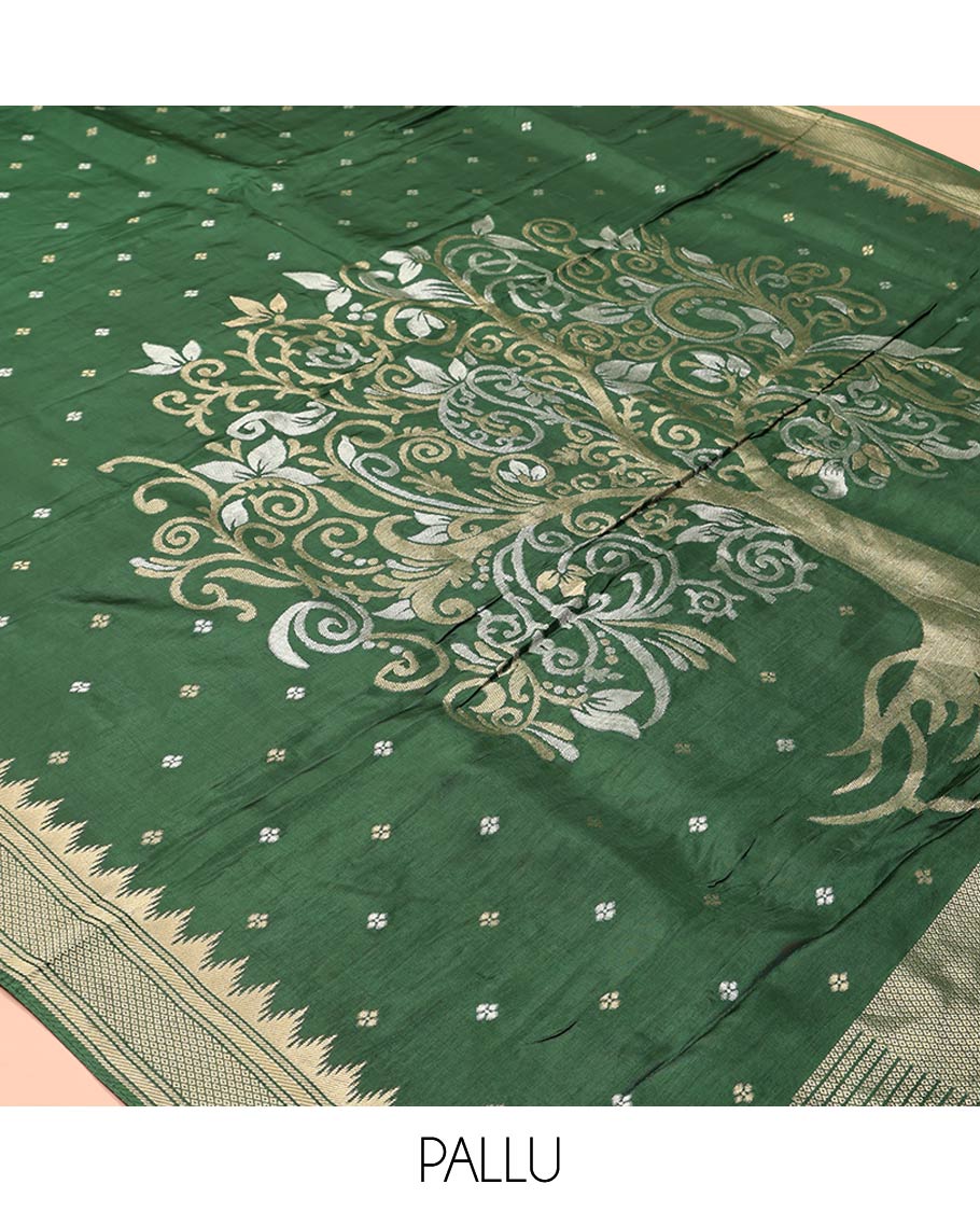 Mehendi Green HO Silk Saree, Elevated with Zari Buttas All Over Its Body, Highlighted by Temple Border of Diamond Patterns, Pallu Artfully Woven with Tree of Life Design, and Paired with a Matching Blouse