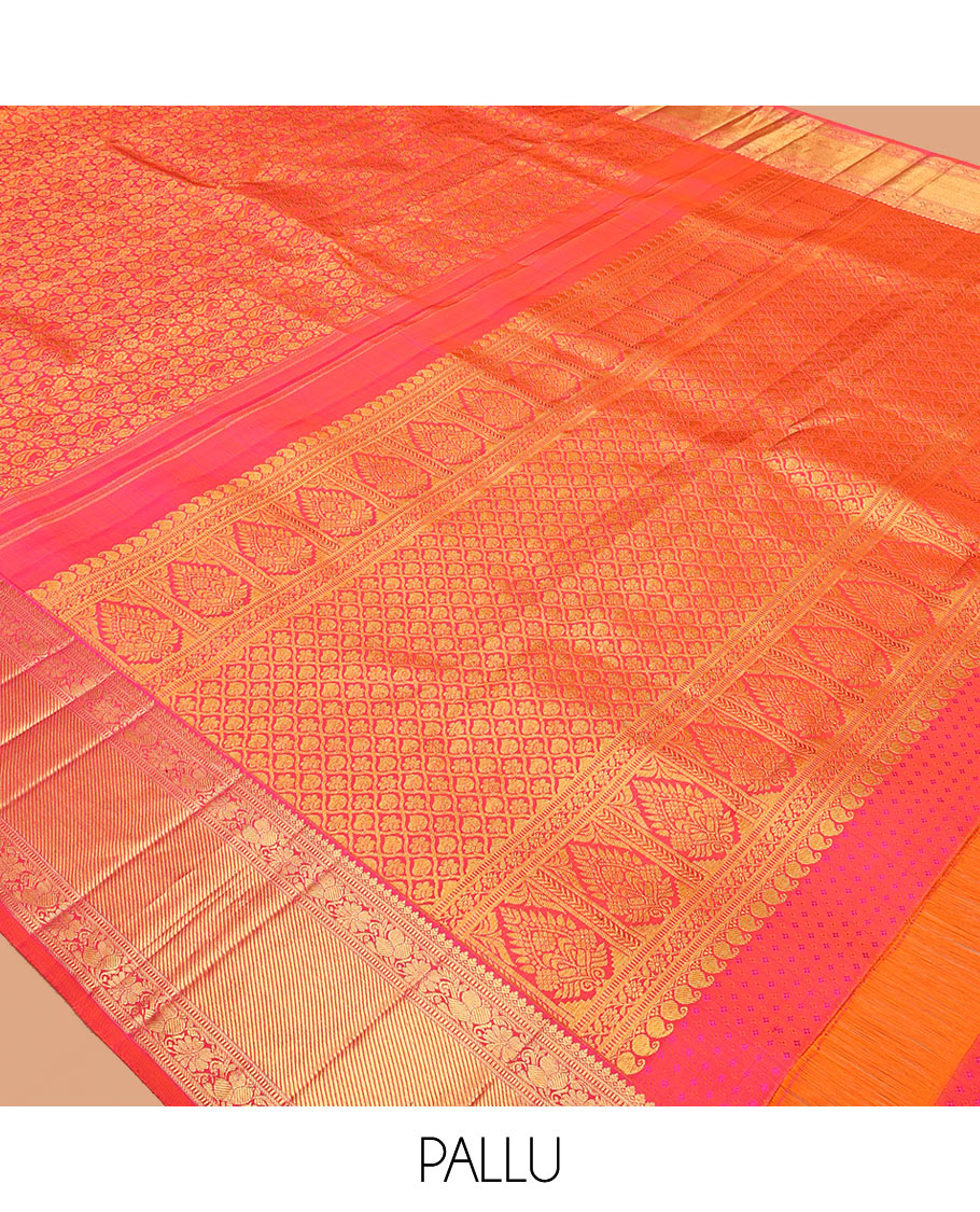 Orange Kanchipuram Wedding Silk Saree, Woven with Jacquard Design, Zari Border of Thilakam Mokku, Muthu, and Kodi Visiry Designs, Jaal Pallu, and a Matching Blouse