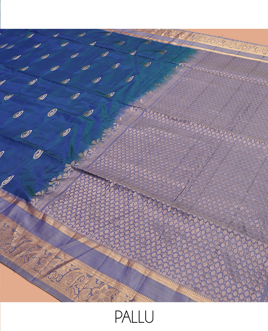 Blue Uppada Silk Saree, Woven with Zari Buttas, Complemented by a Contrast Traditional Zari Border, Grand Pallu, and a Contrast Blouse