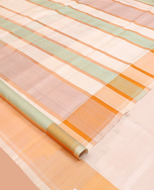 Cream-Base Mayuri Soft Silk Saree, Delicately Woven with Multi-Color Stripes on Its Body, Complemented by a Sparse Pallu of Thazampoo Rekku Designs, and Paired with a Matching Blouse