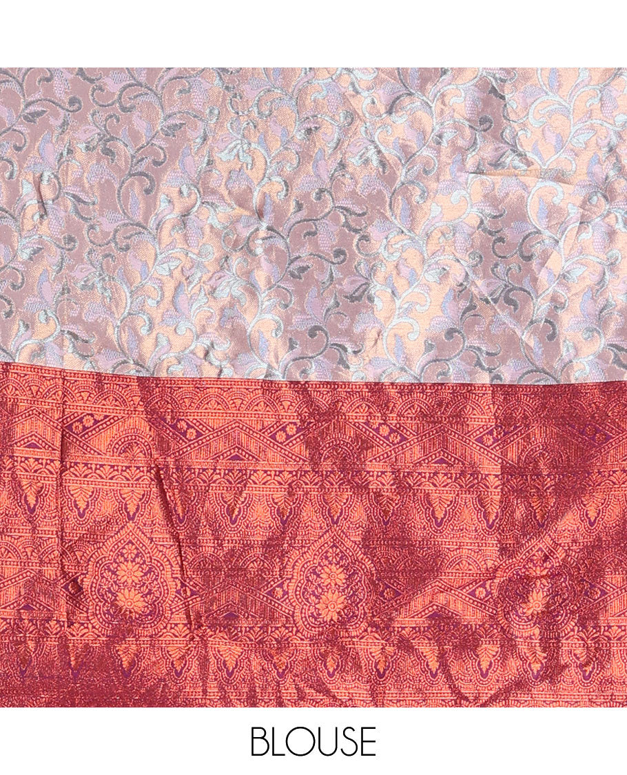Grey floral buttas half saree with contrast traditional zari design border, zari design blouse & floral embroidery scallop border dhavani