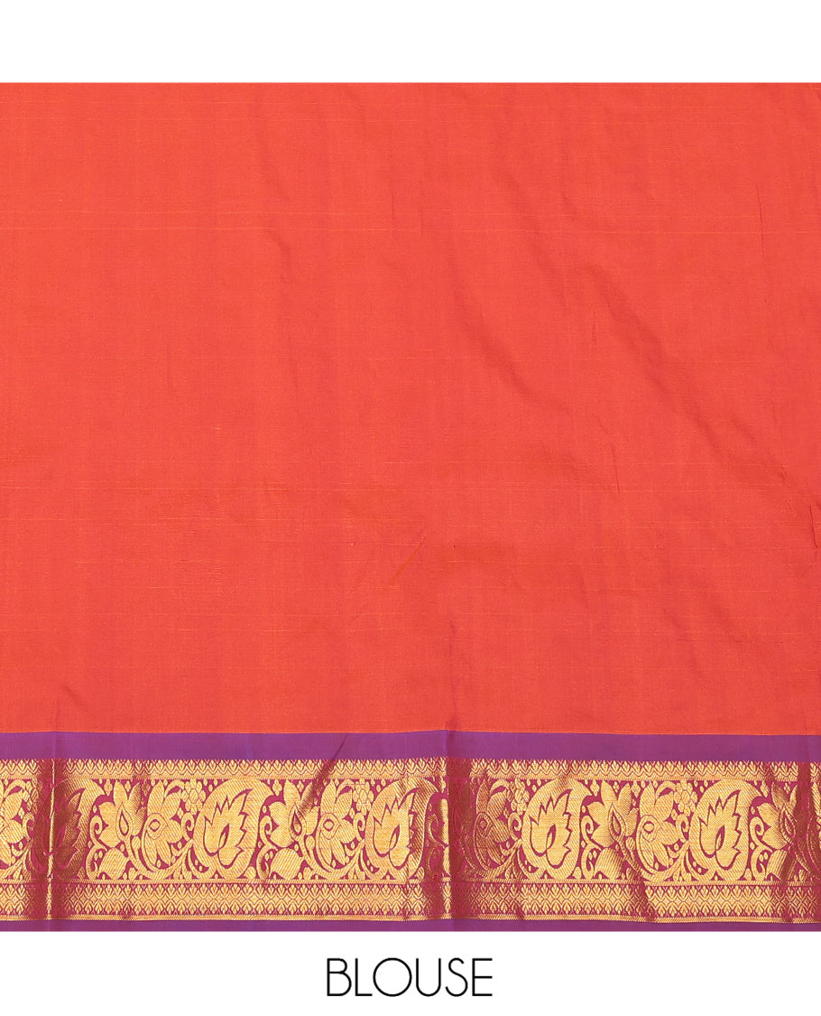 Rust Art Silk Pavadai Material Set, Bedecked with Zari Designs on Its Skirt, Complemented by a Contrast Traditional Zari Border, and a Matching Blouse