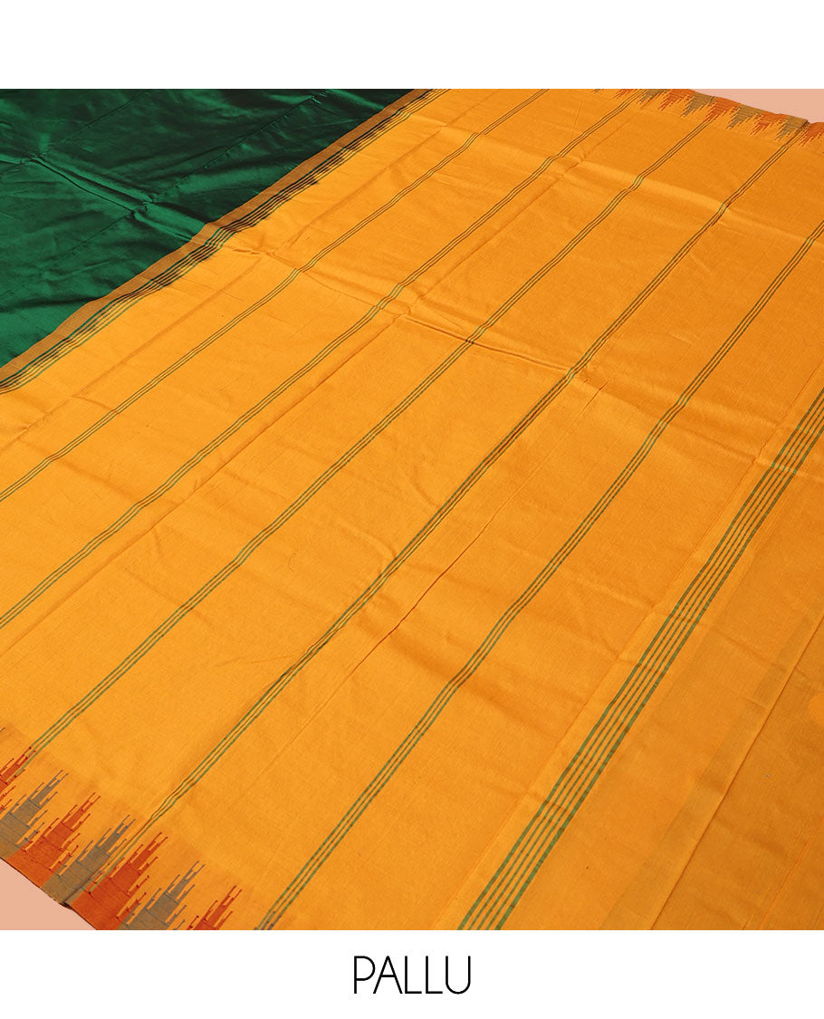 Green Plain Bangalore Silk Saree, Complemented by a Contrast Temple Border, Pallu of Stripes, and a Contrast Blouse