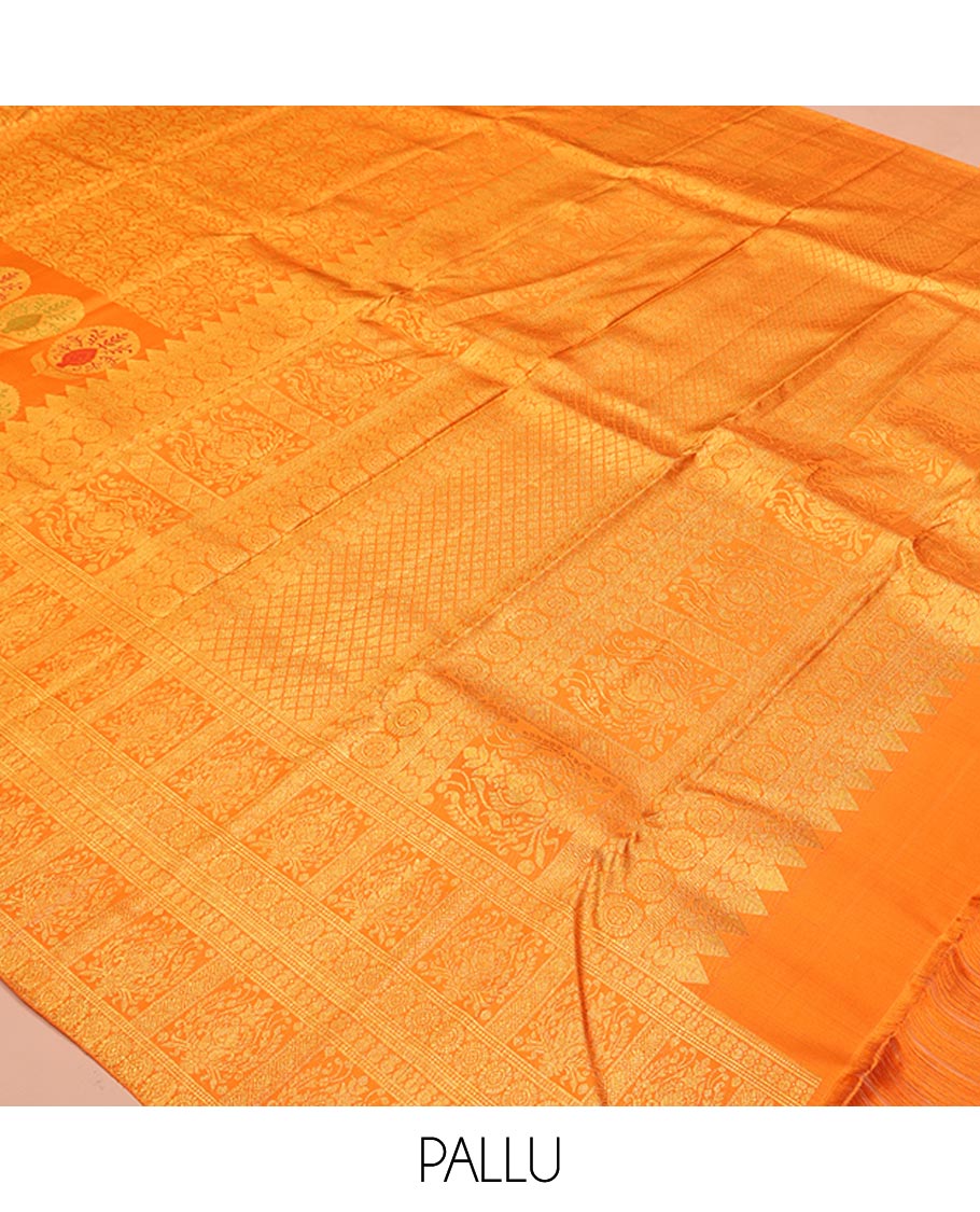Orange Kanchipuram Designer Silk Saree, Subtly Sparkled With Floral Jacquard Design On Its Body, Highlighted by Meenakari Mughal Intricate Border, Intricate Pallu and Paired with a Matching Blouse