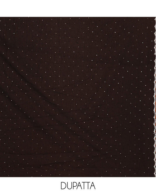 Black material chudidar set, silver stone embroidered with neck bead work georgette top, santoon plain botom, and scallop swarovski stone work dupatta