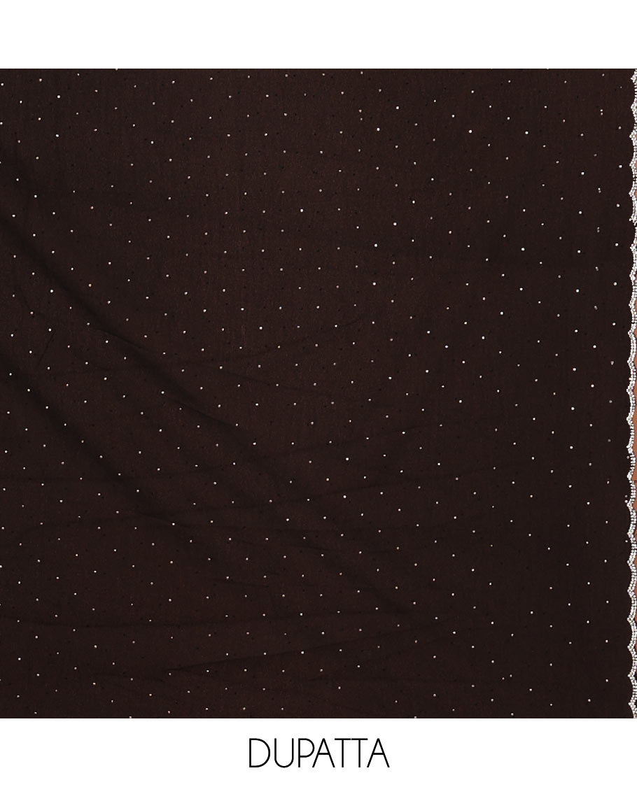 Black material chudidar set, silver stone embroidered with neck bead work georgette top, santoon plain botom, and scallop swarovski stone work dupatta