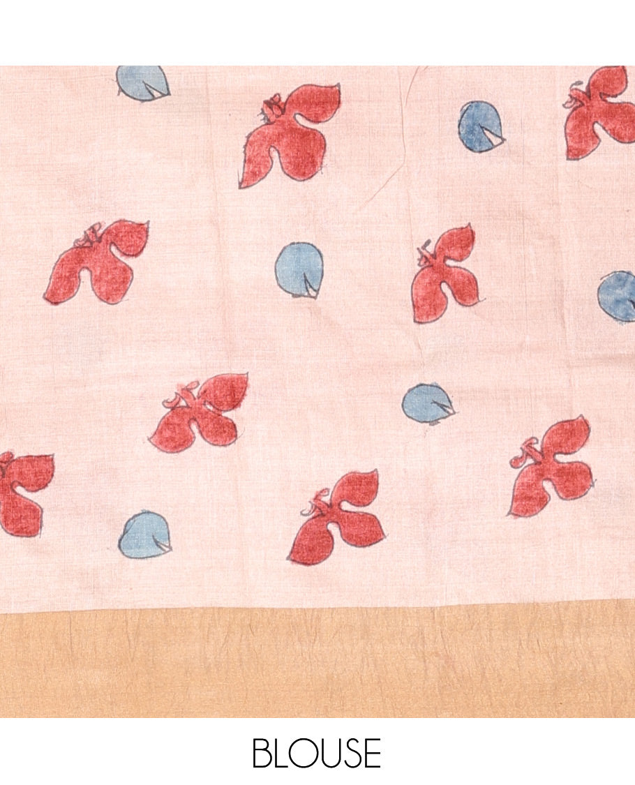 Sandal Floral Motif Pen Kalamkari Silk Saree, a Zari Border, Floral Motifs Pallu, a Matching Blouse