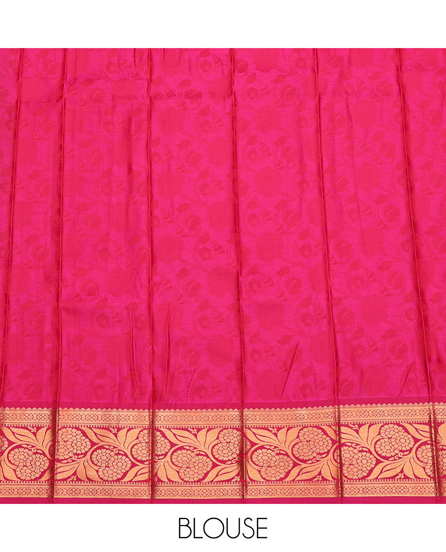 Blue Budget Silk Saree, Adorned with Floral Jacquard, Complemented by Contrast Floral Creeper Border, Grand Pallu and a Contrast Blouse